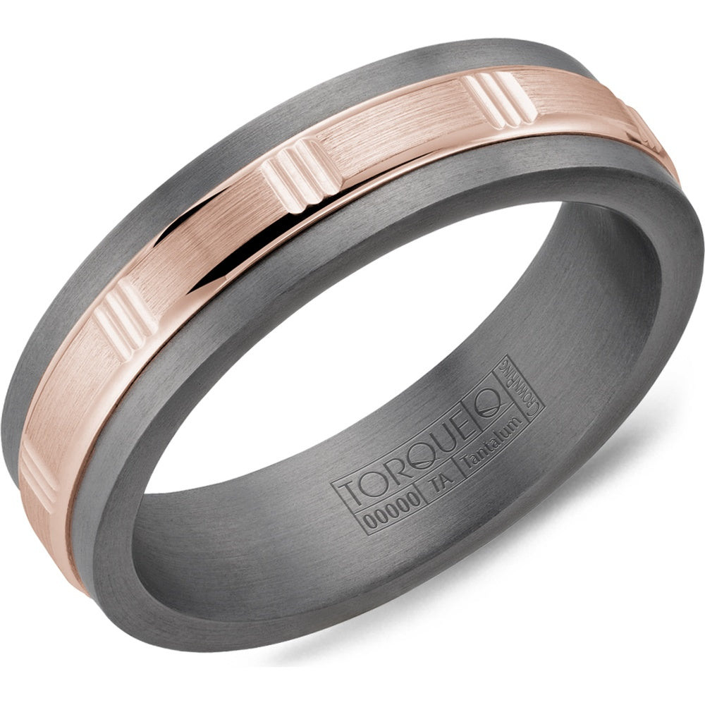 Torque Men's Wedding Band - Tantalum and 14K Rose Gold with Grooved Inlay and Sandpaper Finish - 6mm Width from the Tantalum & Gold Collection