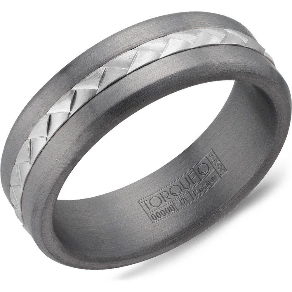 Torque Men's Wedding Band - Tantalum and 14K White Gold with Frosted Geometric Inlay - 7mm Width from the Tantalum & Gold Collection