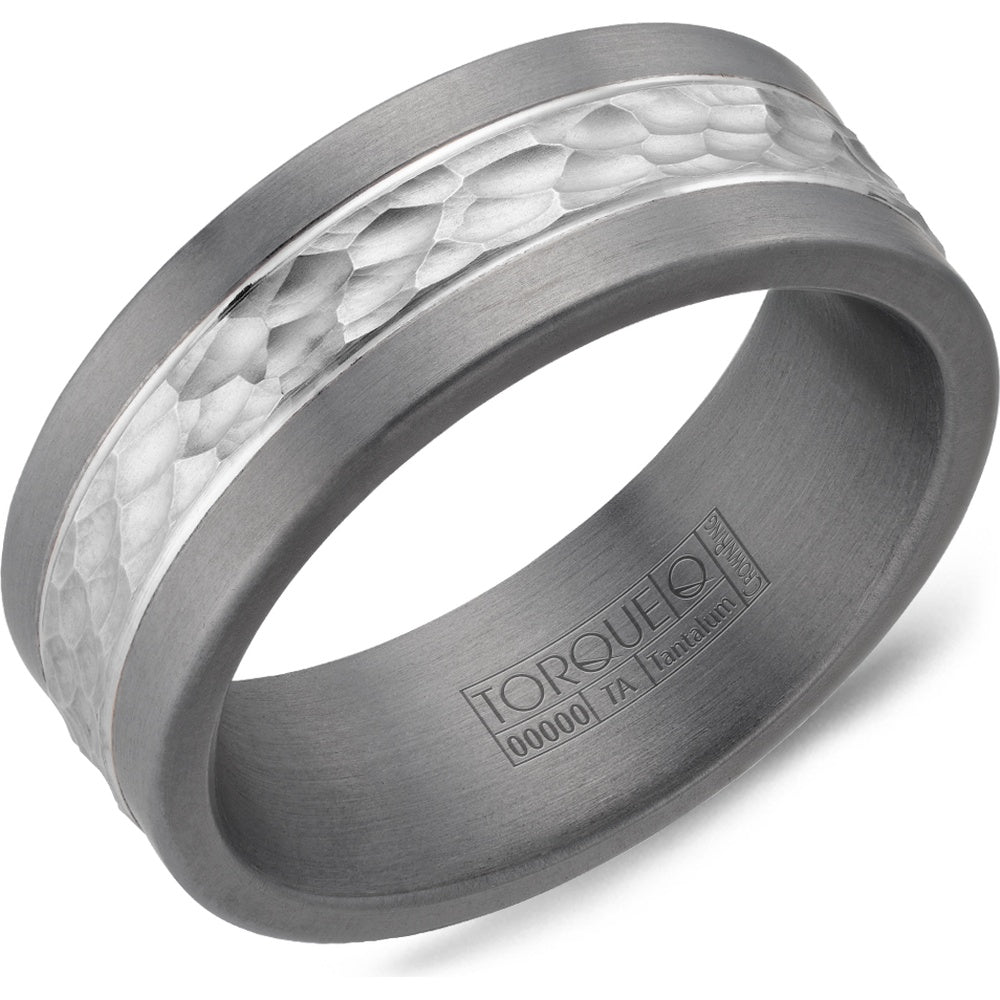 Torque Men's Wedding Band - Tantalum and 14K White Gold with Frosted Hammered Inlay - 8mm Width from the Tantalum & Gold Collection