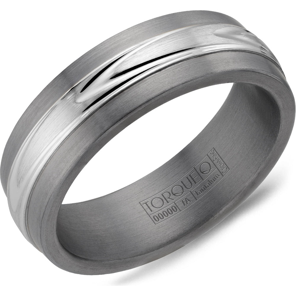 Torque Men's Wedding Band - Tantalum and 14K White Gold with High Polish Center Inlay and Satin Edges - 7mm Width from the Tantalum & Gold Collection