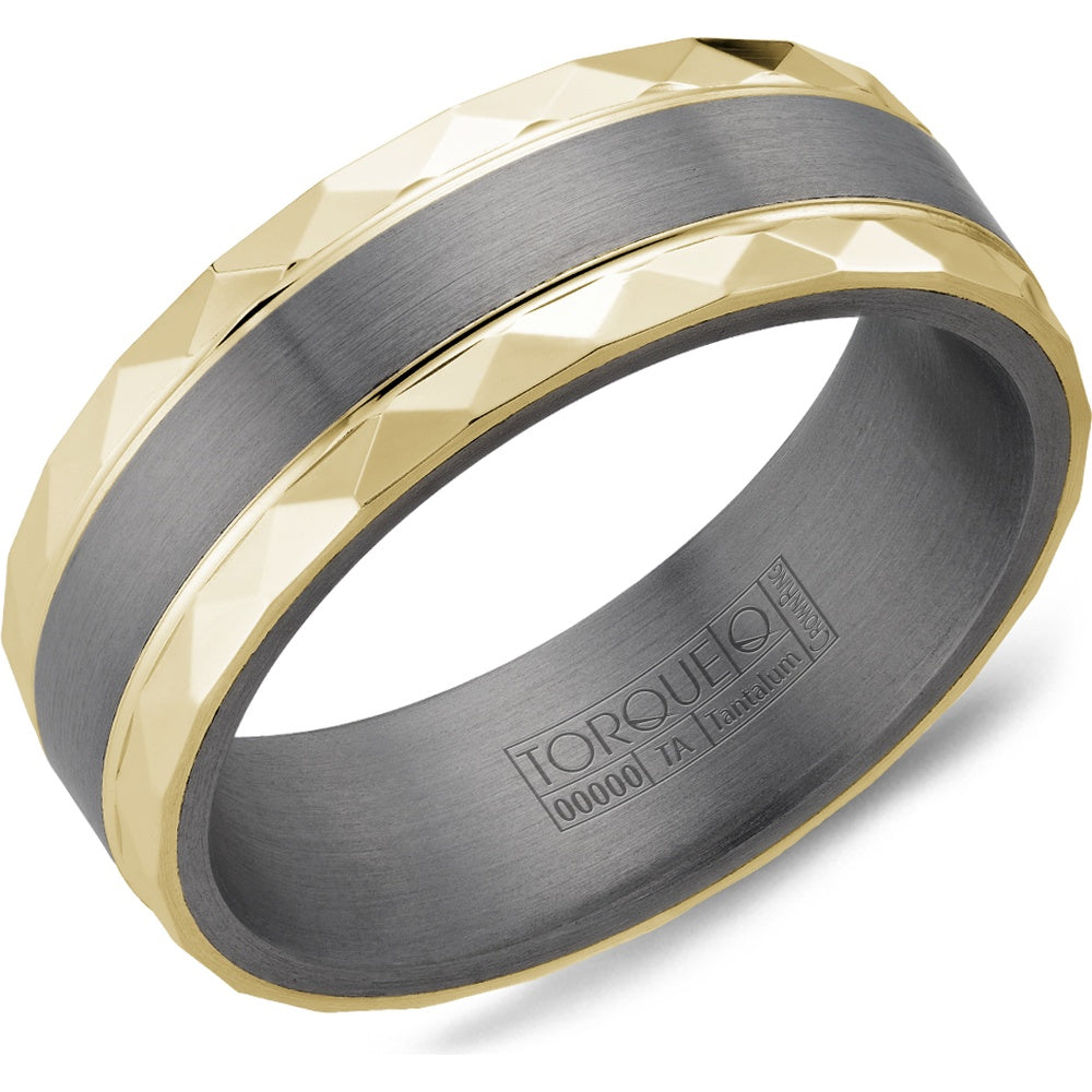Torque Men's Wedding Band - Tantalum and 14K Yellow Gold with Faceted Edges and Brushed Center - 7mm Width from the Tantalum & Gold Collection