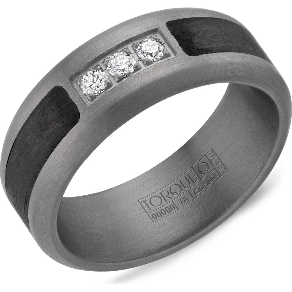 Torque Men's Wedding Band - Tantalum and Forged Carbon Fiber with 3 Round Diamonds - 0.15 Carat Total Diamond Weight - 8mm Width from the Tantalum Collection