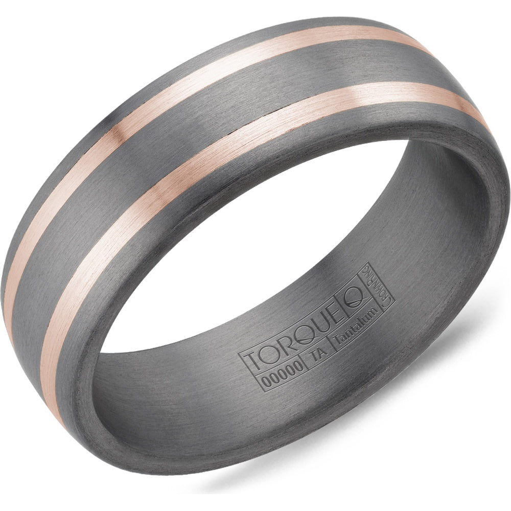 Torque Men's Wedding Band - Tantalum with 14K Rose Gold Inlay and Sandpaper Finish - 7mm Width from the Tantalum & Gold Collection