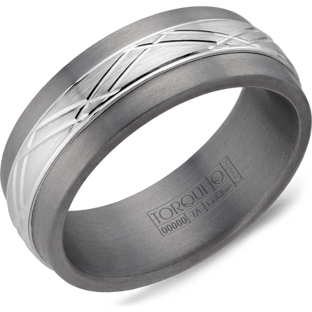Torque Men's Wedding Band - Tantalum with 14K White Gold Geometric Inlay - 8mm Width from the Tantalum & Gold Collection