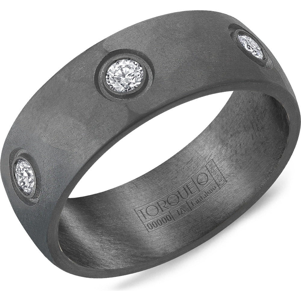 Torque Men's Wedding Band - Tantalum with Bezel-Set Round Diamonds and Frosted Hammered Finish- 0.60 Carat Total Diamond Weight - 8mm Width from the Tantalum Collection
