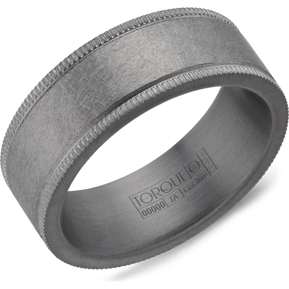 Torque Men's Wedding Band - Tantalum with Diamond Brushed Finish and Milgrain Edges - 8mm Width from the Tantalum Collection