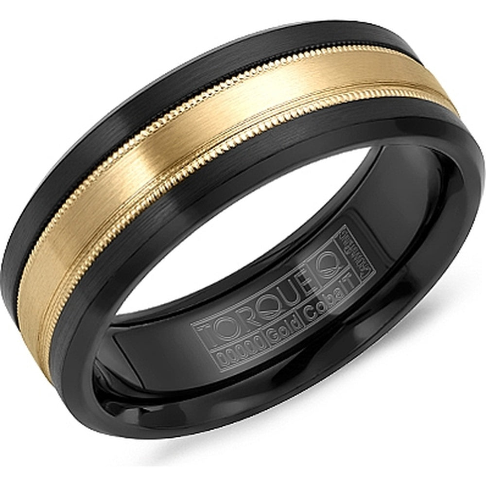 Torque Men's Wedding Band - Two-Tone in Black Cobalt and 14K Yellow Gold with Milgrain and Sandpaper Finish - 7.5mm Width from the Black Cobalt & Gold Collection