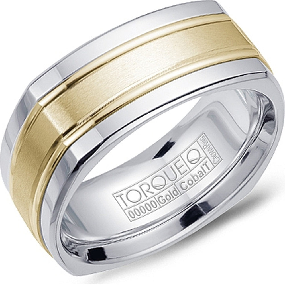 Torque Men's Wedding Band - Two-Tone in White Cobalt and 14K Yellow Gold with Sandpaper Inlay and High Polish Grooves - 9mm Width from the Cobalt Collection