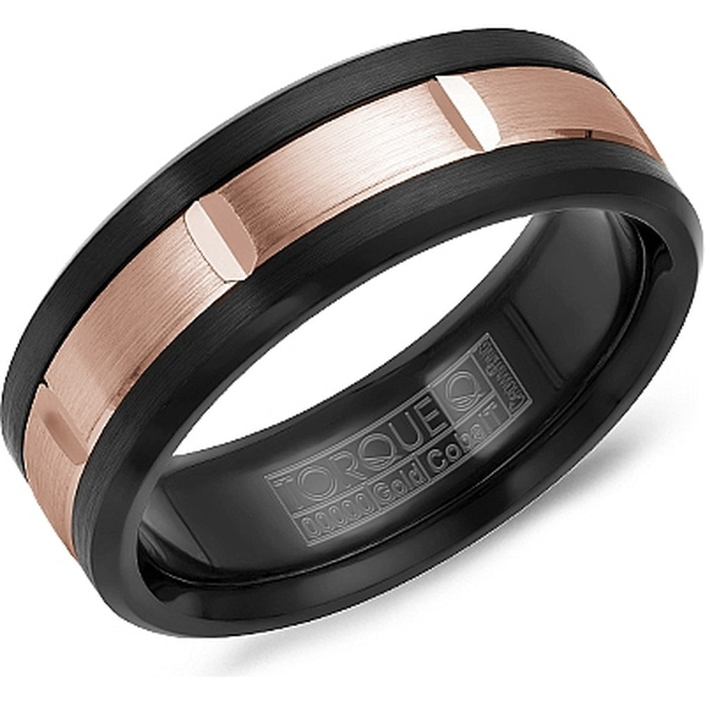 Torque Men's Wedding Band - Two-Tone with 14K Rose Gold Inlay and Black Cobalt Edges - 7.5mm Width from the Black Cobalt & Gold Collection