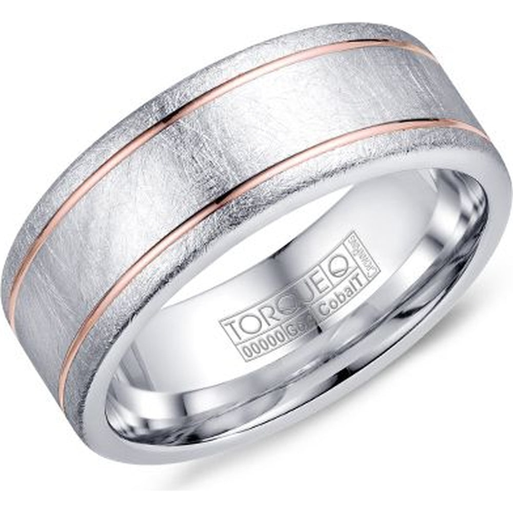 Torque Men's Wedding Band - Two-Tone with 14K Rose Gold Inlay and Brushed Cobalt Center - 8mm Width from the Cobalt Collection