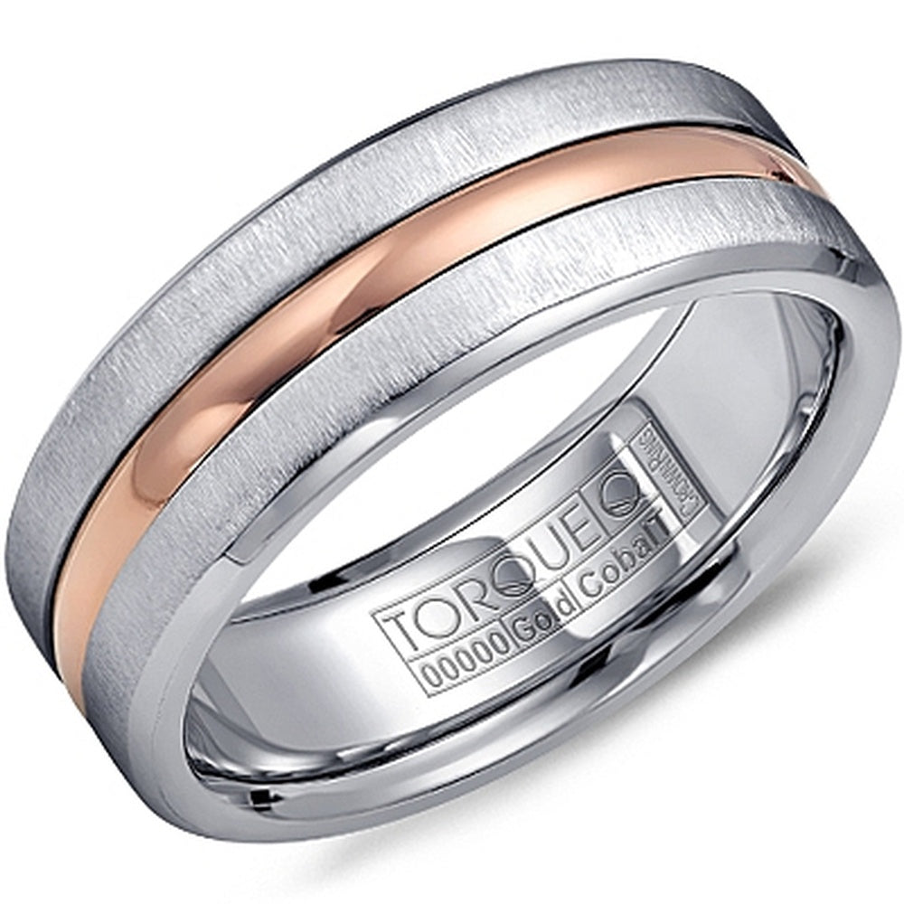 Torque Men's Wedding Band - Two-Tone with 14K Rose Gold Inlay and Brushed White Cobalt Edges - 7.5mm Width from the Cobalt Collection