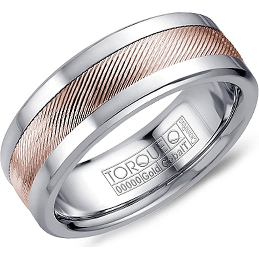 Torque Men's Wedding Band - Two-Tone with 14K Rose Gold Inlay and White Cobalt Edges - 7.5mm Width from the Cobalt Collection