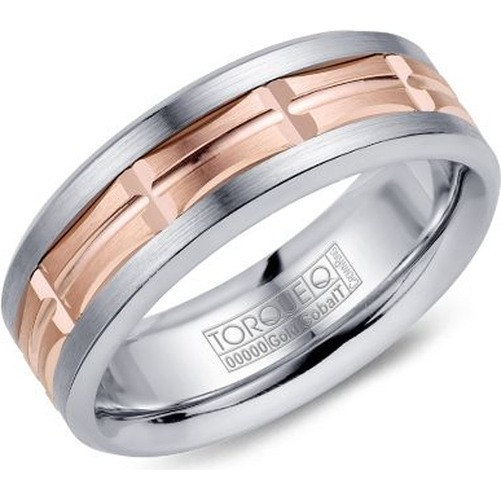 Torque Men's Wedding Band - Two-Tone with 14K Rose Gold Inlay and White Cobalt Edges - 7.5mm Width from the Cobalt Collection