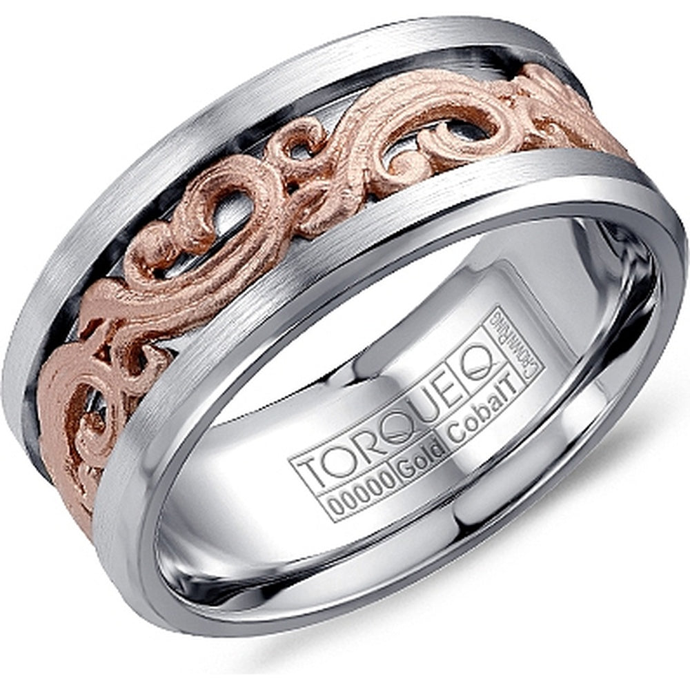 Torque Men's Wedding Band - Two-Tone with 14K Rose Gold Openwork Scroll Inlay and White Cobalt Edges - 9mm Width from the Cobalt Collection