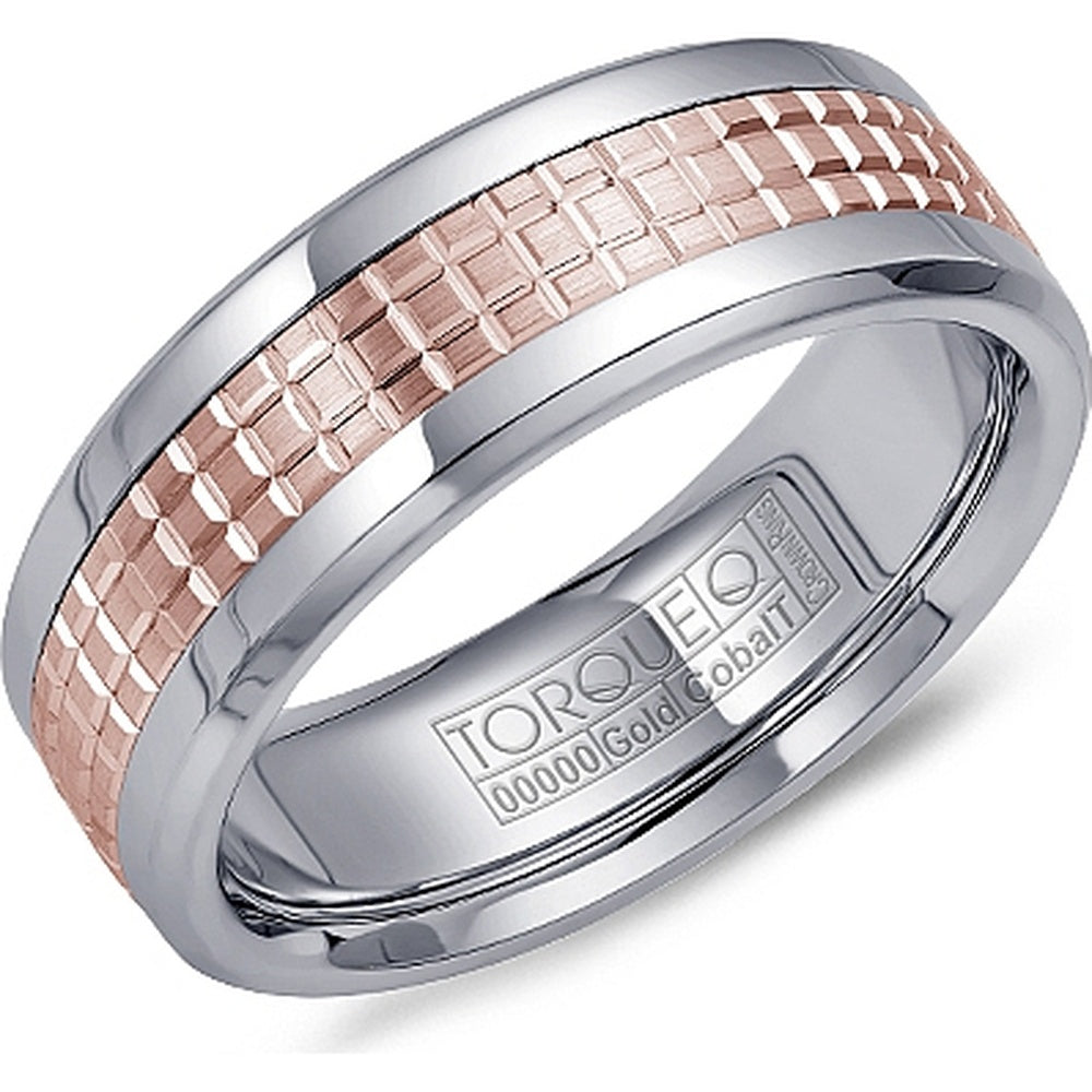 Torque Men's Wedding Band - Two-Tone with 14K Rose Gold Sandpaper Inlay and White Cobalt Edges - 7.5mm Width from the Cobalt Collection