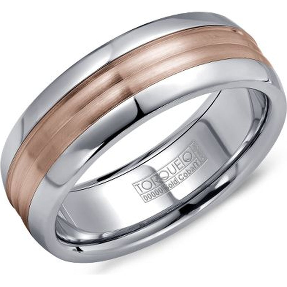 Torque Men's Wedding Band - Two-Tone with 14K Rose Gold Sandpaper Inlay and White Cobalt Edges - 7.5mm Width from the Cobalt Collection
