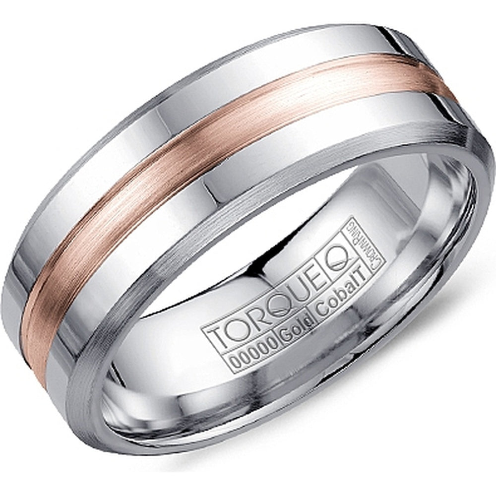 Torque Men's Wedding Band - Two-Tone with 14K Rose Gold Sandpaper Inlay and White Cobalt Edges - 7.5mm Width from the Cobalt Collection