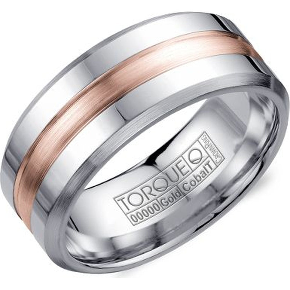 Torque Men's Wedding Band - Two-Tone with 14K Rose Gold Sandpaper Inlay and White Cobalt Edges - 9mm Width from the Cobalt Collection