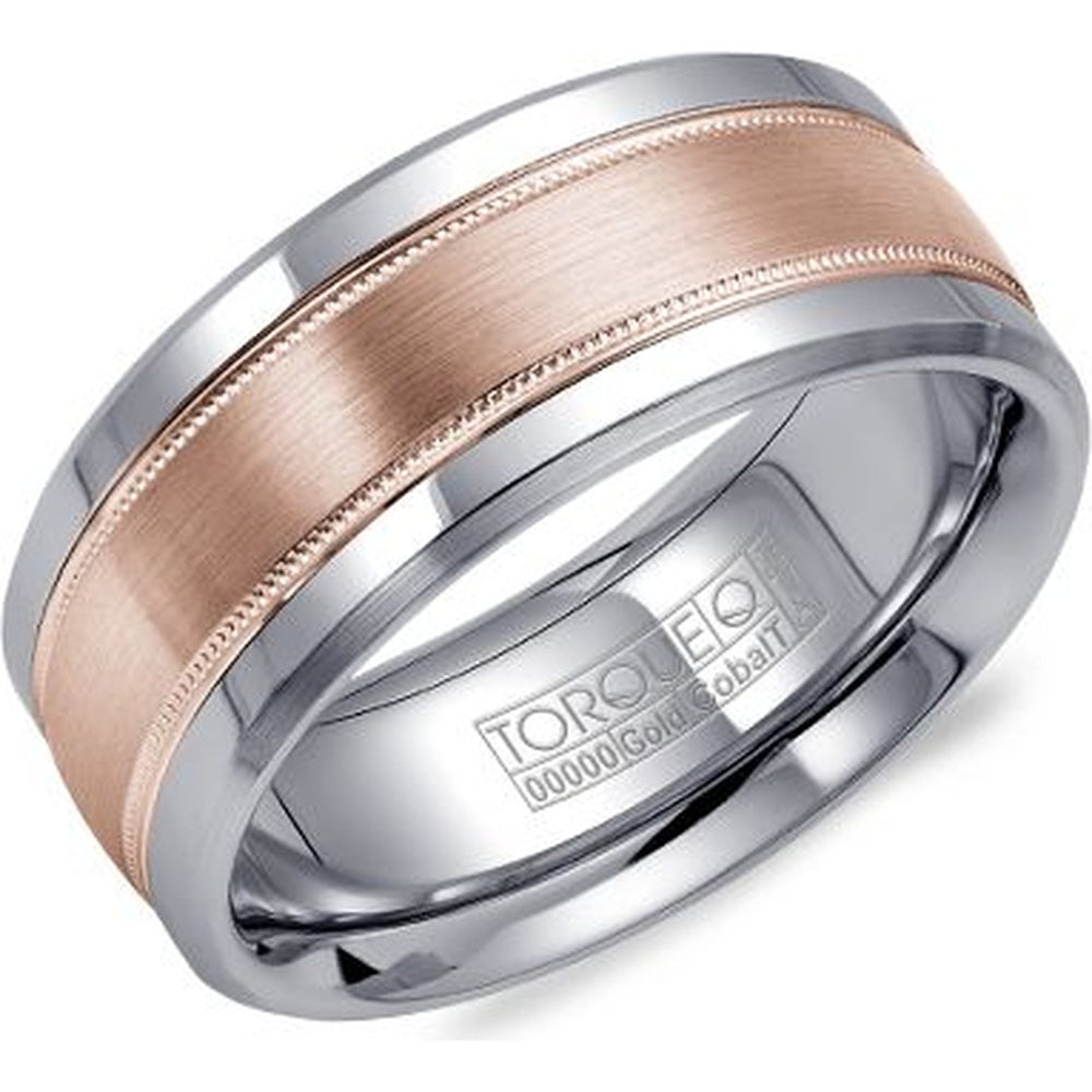Torque Men's Wedding Band - Two-Tone with 14K Rose Gold Sandpaper Inlay and White Cobalt High-Polish Edges - 9mm Width from the Cobalt Collection