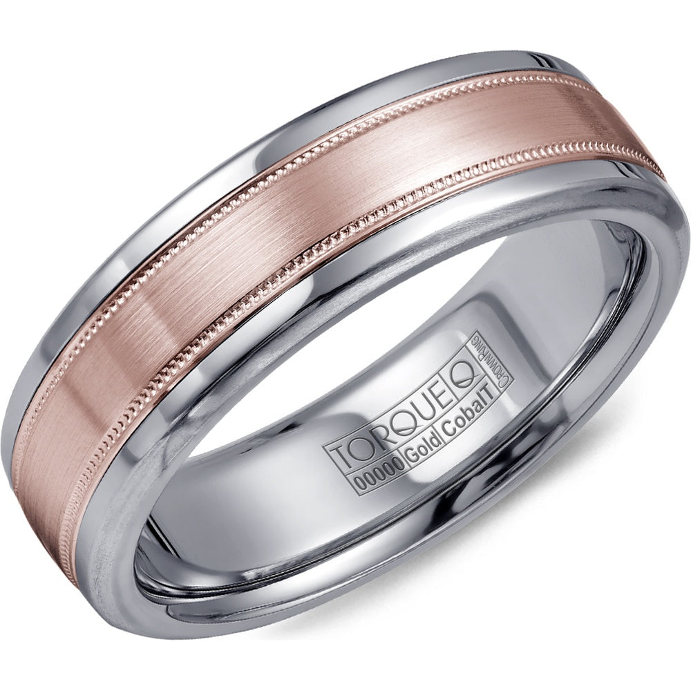 Torque Men's Wedding Band - Two-Tone with 14K Rose Gold Sandpaper Inlay and White Cobalt Milgrain Edges - 6mm Width from the Cobalt Collection