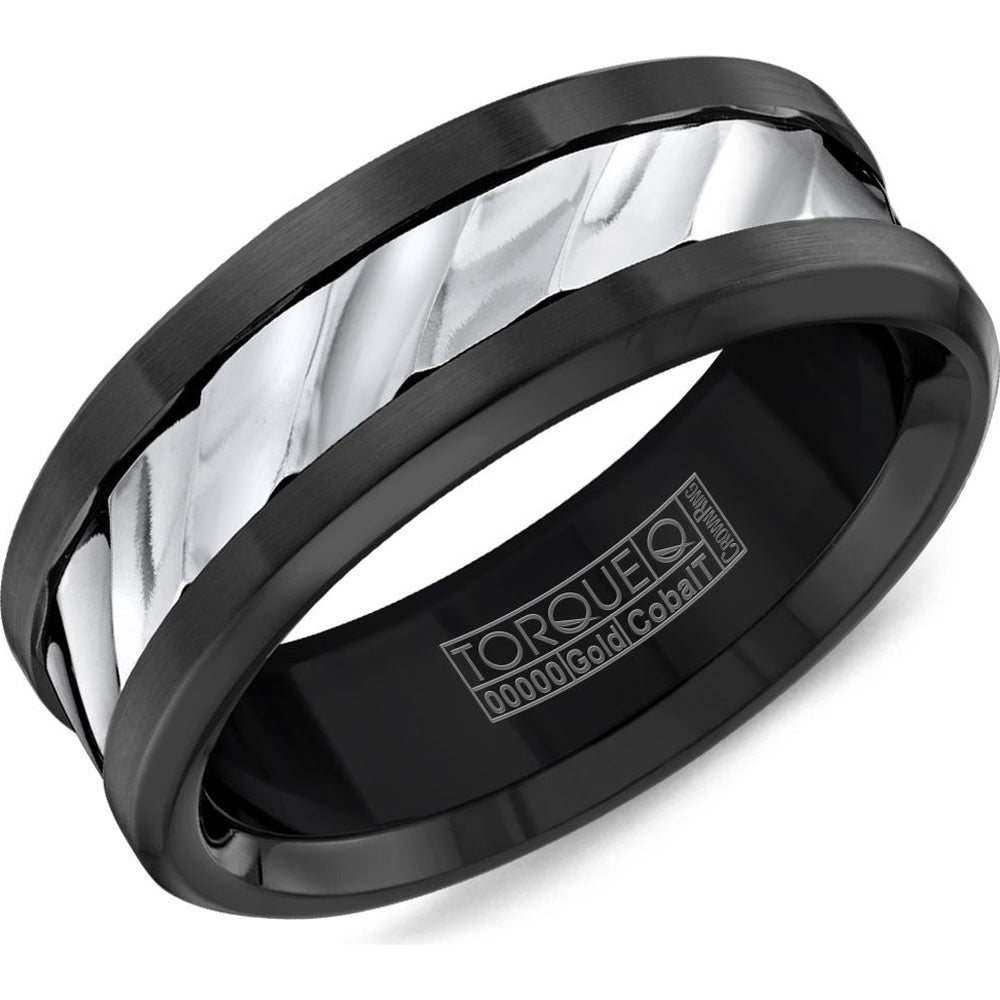 Torque Men's Wedding Band - Two-Tone with 14K White Gold Inlay and Black Cobalt Edges - 7.5mm Width from the Black Cobalt & Gold Collection