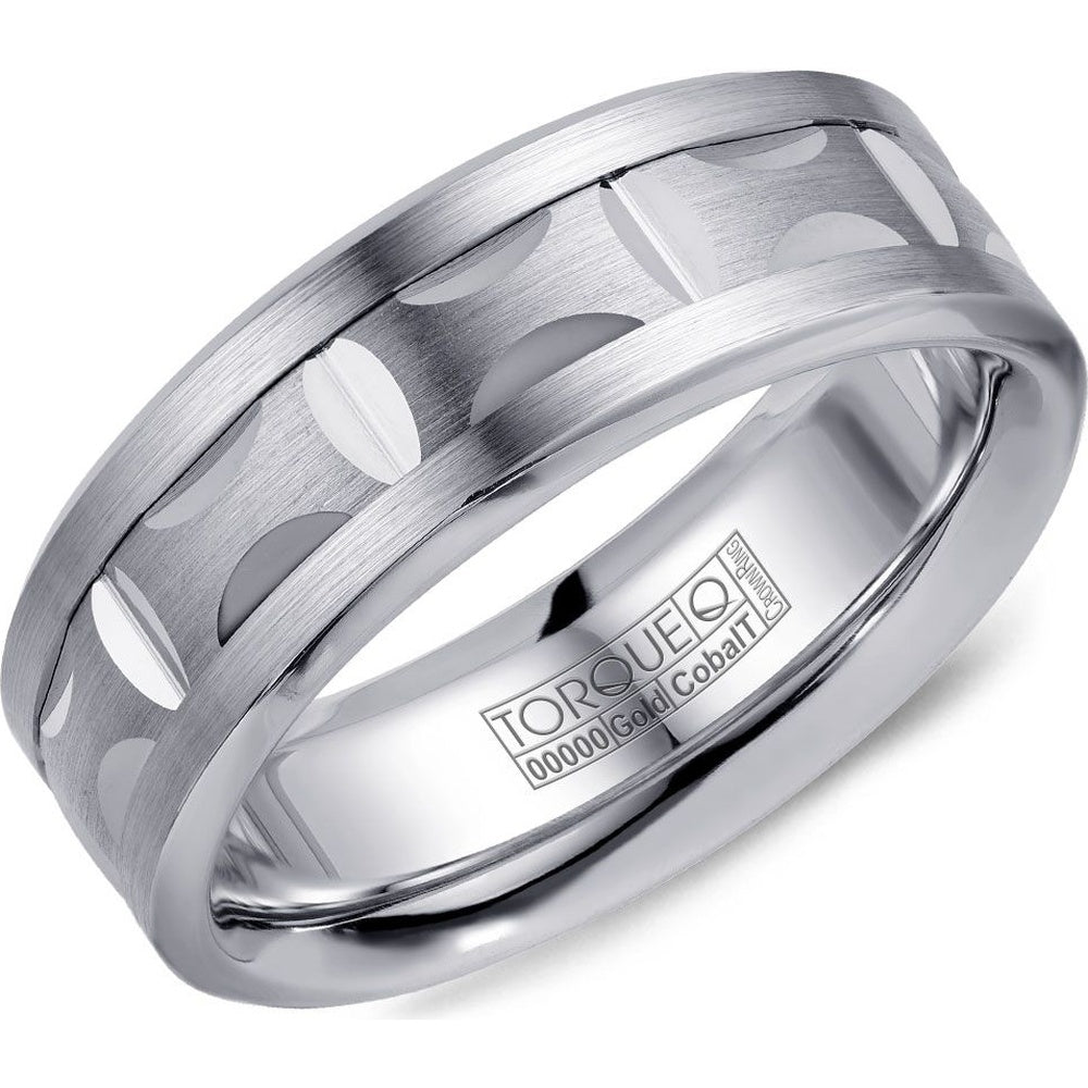 Torque Men's Wedding Band - Two-Tone with 14K White Gold Inlay and Brushed White Cobalt Edges - 7.5mm Width from the Cobalt Collection