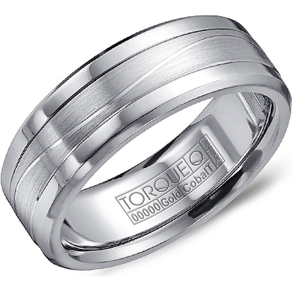 Torque Men's Wedding Band - Two-Tone with 14K White Gold Inlay and White Cobalt Edges - 7.5mm Width from the Cobalt Collection