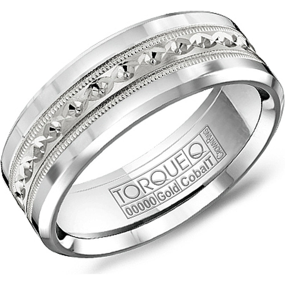 Torque Men's Wedding Band - Two-Tone with 14K White Gold Inlay and White Cobalt Edges - 7.5mm Width from the Cobalt Collection