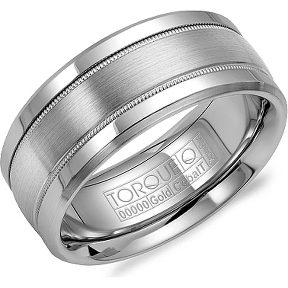 Torque Men's Wedding Band - Two-Tone with 14K White Gold Inlay and White Cobalt Edges - 9mm Width from the Cobalt Collection