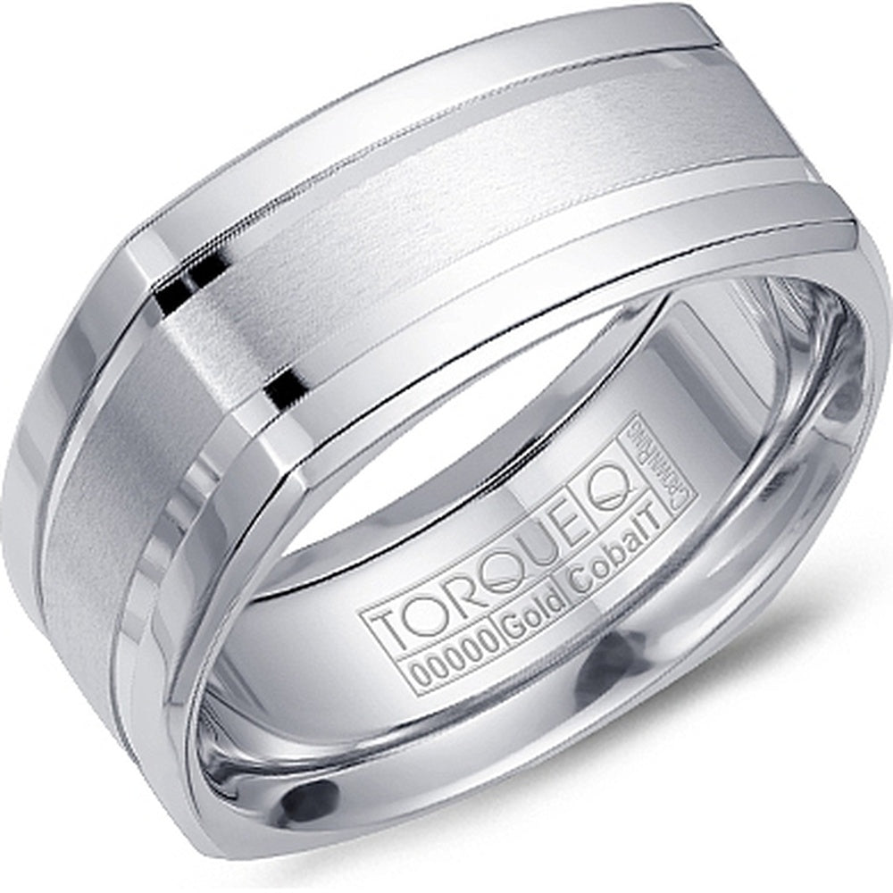 Torque Men's Wedding Band - Two-Tone with 14K White Gold Inlay and White Cobalt Edges - 9mm Width from the Cobalt Collection