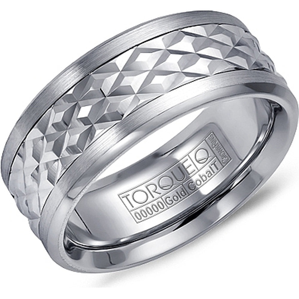 Torque Men's Wedding Band - Two-Tone with 14K White Gold Inlay, Geometric Pattern, and White Cobalt Edges - 9mm Width from the Cobalt Collection