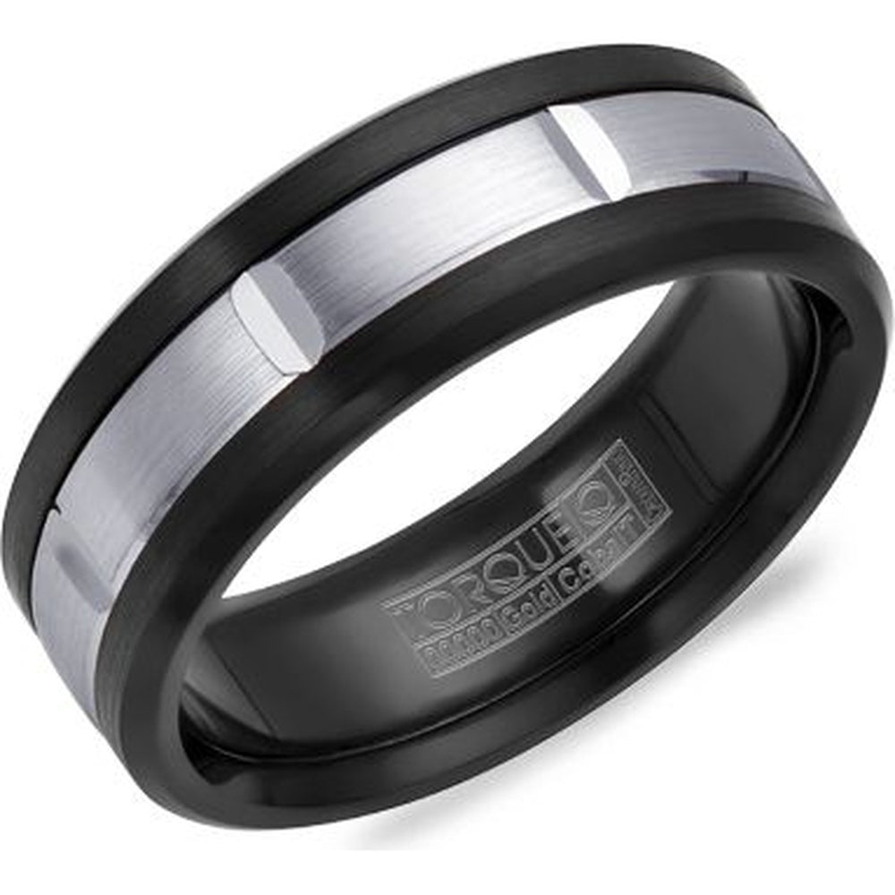 Torque Men's Wedding Band - Two-Tone with 14K White Gold Sandpaper Inlay and Black Cobalt Edges - 7.5mm Width from the Black Cobalt & Gold Collection