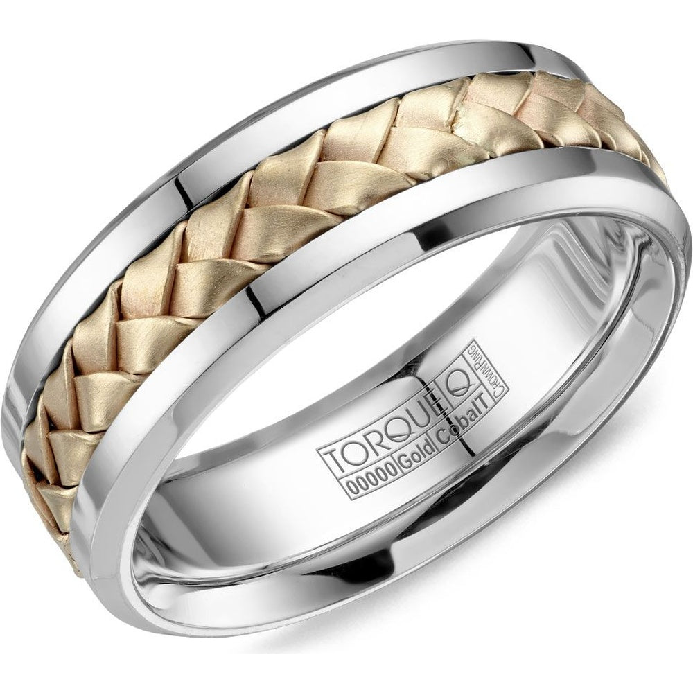 Torque Men's Wedding Band - Two-Tone with 14K Yellow Gold Braided Inlay and White Cobalt Edges - 7.5mm Width from the Cobalt Collection