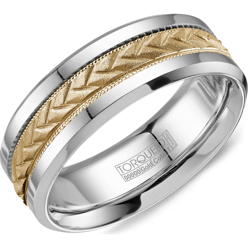 Torque Men's Wedding Band - Two-Tone with 14K Yellow Gold Chevron Inlay and White Cobalt Edges - 7.5mm Width from the Cobalt Collection