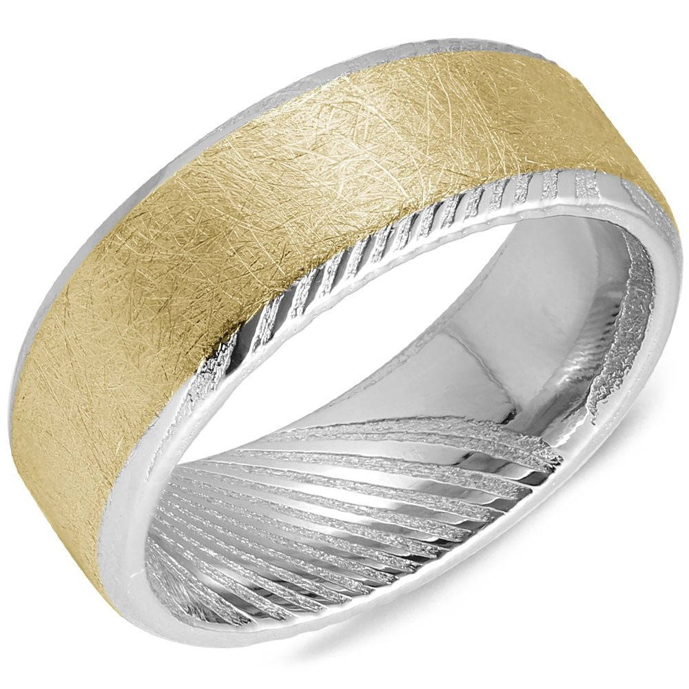 Torque Men's Wedding Band - Two-Tone with 14K Yellow Gold Diamond-Brushed Inlay and Damascus Steel Edges - 8mm Width from the Damascus Steel Collection