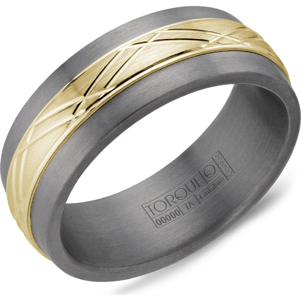 Torque Men's Wedding Band - Two-Tone with 14K Yellow Gold Geometric Inlay and Tantalum Edges - 8mm Width from the Tantalum & Gold Collection