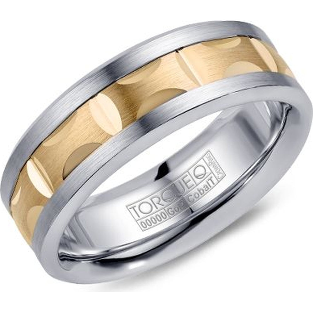 Torque Men's Wedding Band - Two-Tone with 14K Yellow Gold Inlay and White Cobalt Edges - 7.5mm Width from the Cobalt Collection