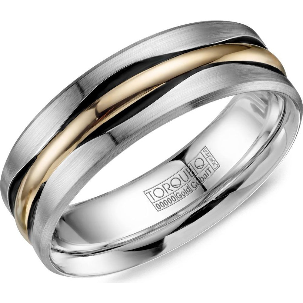Torque Men's Wedding Band - Two-Tone with 14K Yellow Gold Inlay and White Cobalt Edges - 7.5mm Width from the Cobalt Collection