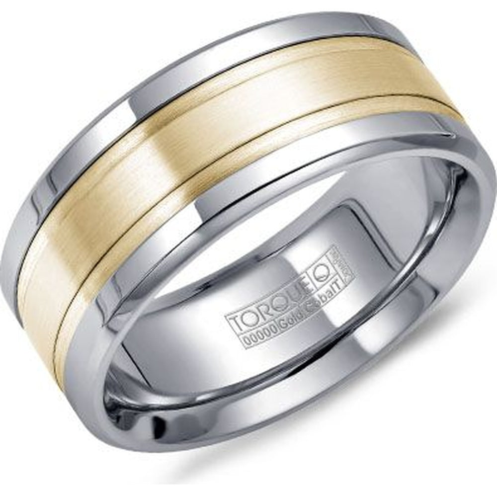 Torque Men's Wedding Band - Two-Tone with 14K Yellow Gold Inlay and White Cobalt Edges - 9mm Width from the Cobalt Collection