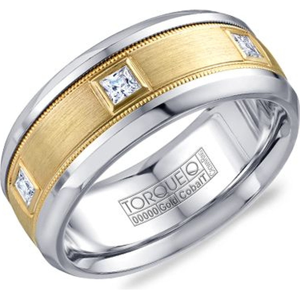 Torque Men's Wedding Band - Two-Tone with 14K Yellow Gold Inlay, White Cobalt Edges, and 0.54 Carat Princess Cut Diamonds - 9mm Width from the Cobalt Collection