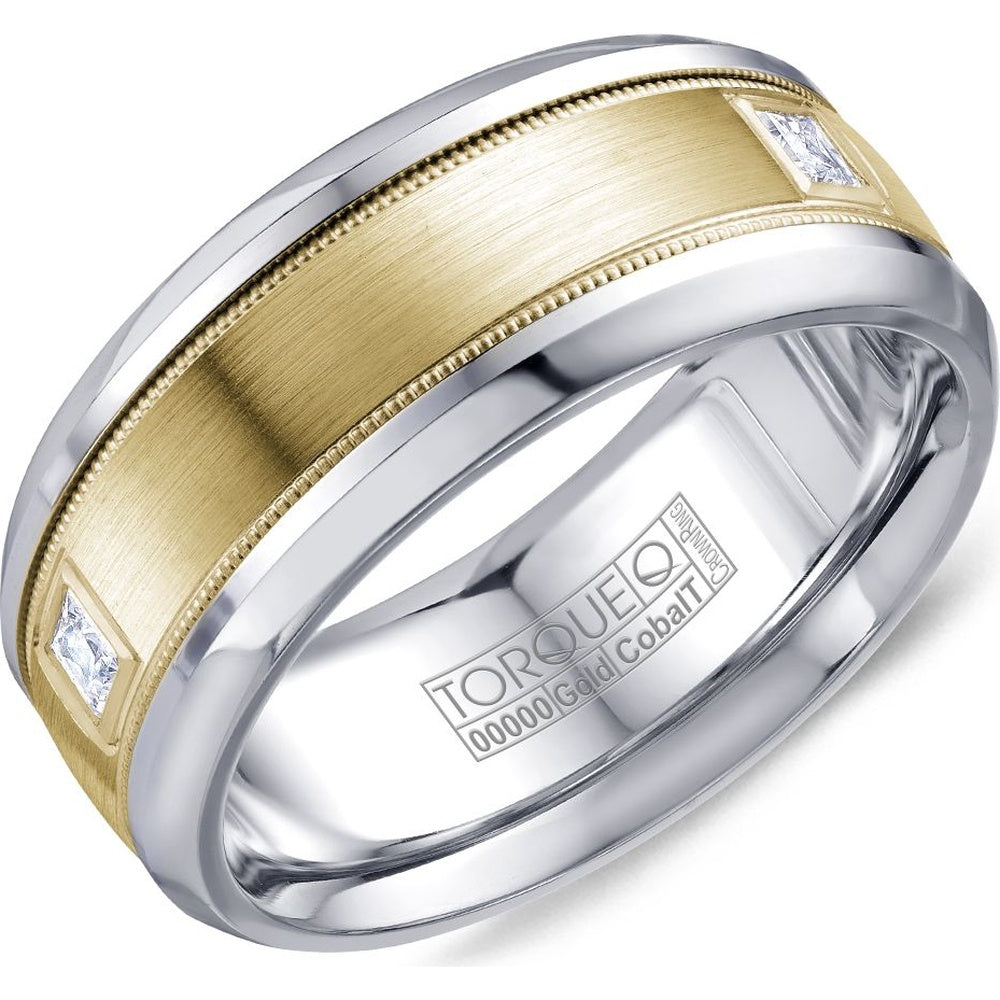 Torque Men's Wedding Band - Two-Tone with 14K Yellow Gold Inlay, White Cobalt Edges, and Princess Cut Diamonds - 0.3 Carat Total Diamond Weight - 9mm Width from the Cobalt Collection