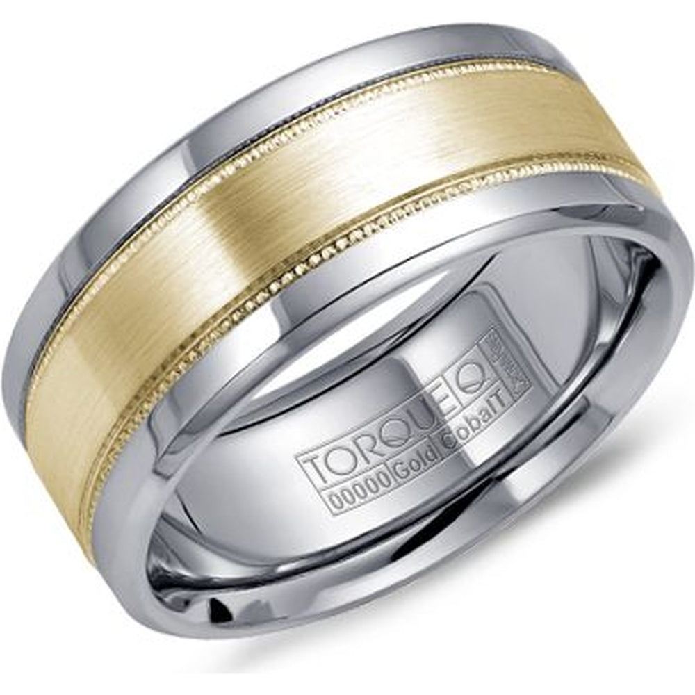 Torque Men's Wedding Band - Two-Tone with 14K Yellow Gold Milgrain Inlay and White Cobalt Edges- Sizes 3-16 - 9mm Width from the Cobalt Collection