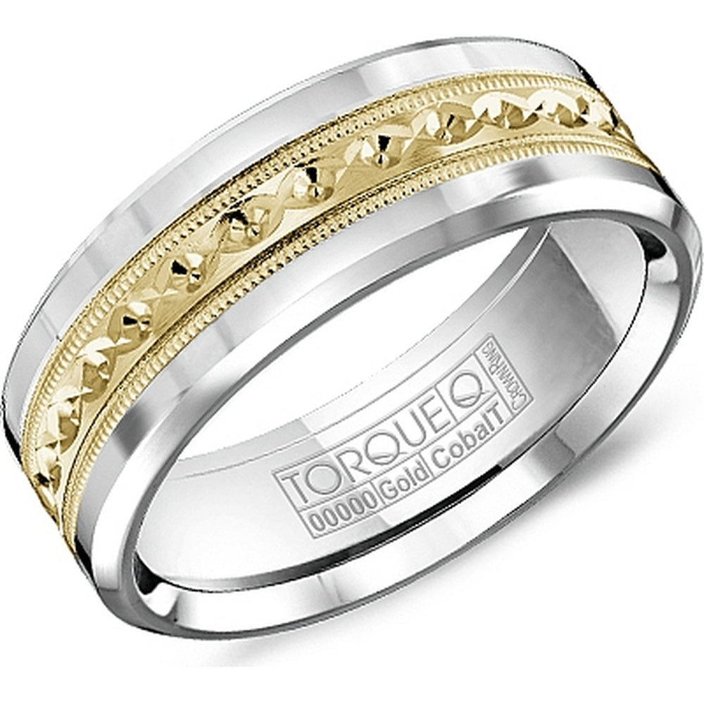 Torque Men's Wedding Band - Two-Tone with 14K Yellow Gold Sandpaper Bevel Inlay and White Cobalt Edges - 7.5mm Width from the Cobalt Collection