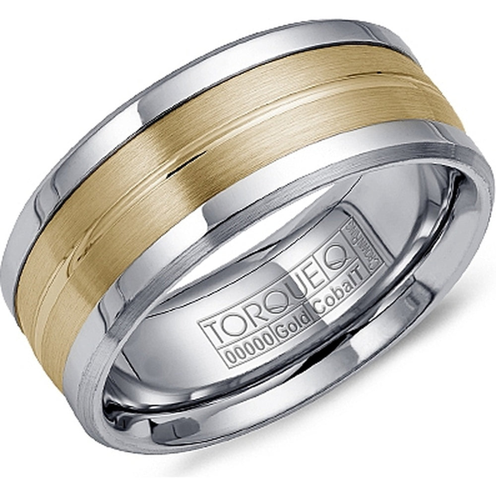 Torque Men's Wedding Band - Two-Tone with 14K Yellow Gold Sandpaper Inlay and White Cobalt Beveled Edges - 9mm Width from the Cobalt Collection