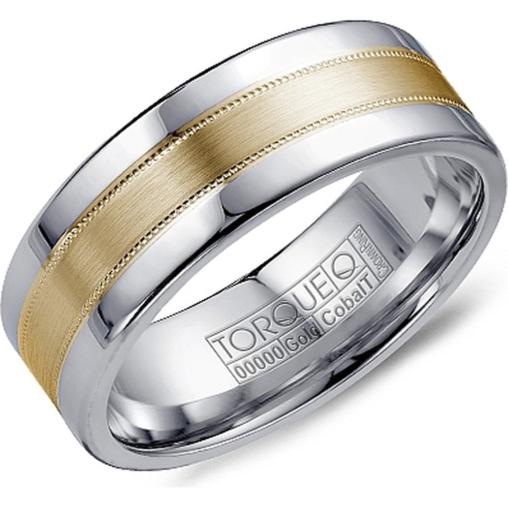 Torque Men's Wedding Band - Two-Tone with 14K Yellow Gold Sandpaper Inlay and White Cobalt Edges - 7.5mm Width from the Cobalt Collection