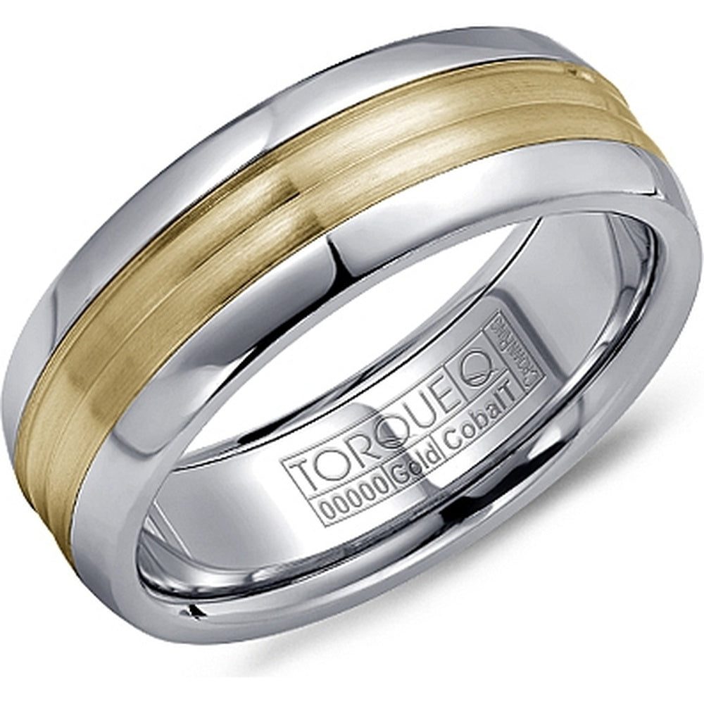 Torque Men's Wedding Band - Two-Tone with 14K Yellow Gold Sandpaper Inlay and White Cobalt Edges - 7.5mm Width from the Cobalt Collection