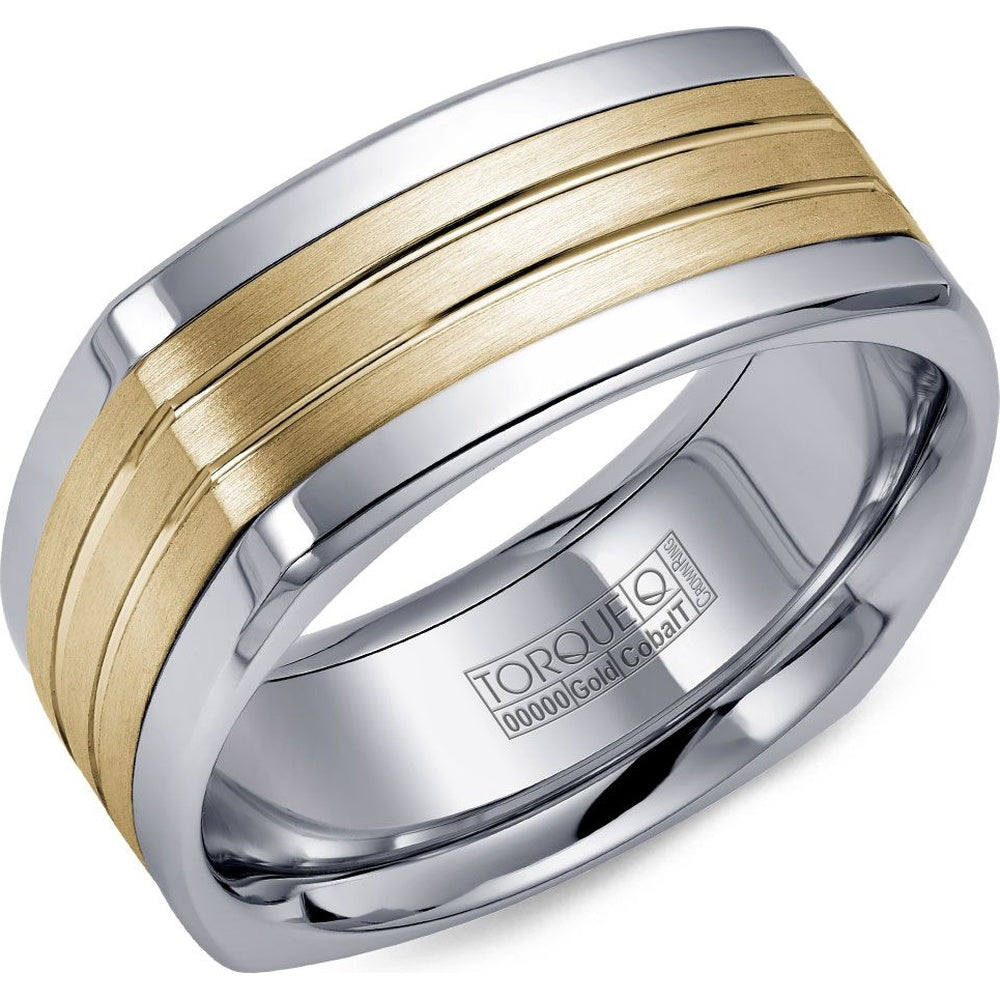 Torque Men's Wedding Band - Two-Tone with 14K Yellow Gold Sandpaper Inlay and White Cobalt Edges - 9mm Width from the Cobalt Collection