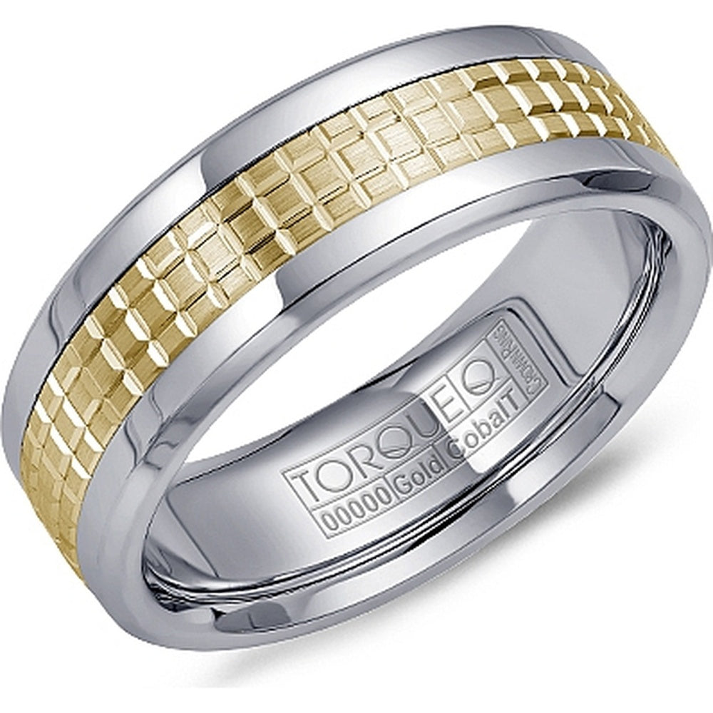 Torque Men's Wedding Band - Two-Tone with 14K Yellow Gold Sandpaper Inlay and White Cobalt Edges- Size 10 - 7.5mm Width from the Cobalt Collection