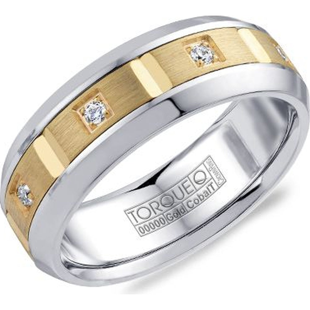 Torque Men's Wedding Band - Two-Tone with 14K Yellow Gold Sandpaper Inlay, White Cobalt Edges, and 0.17 Carat Round Diamonds - 7.5mm Width from the Cobalt Collection