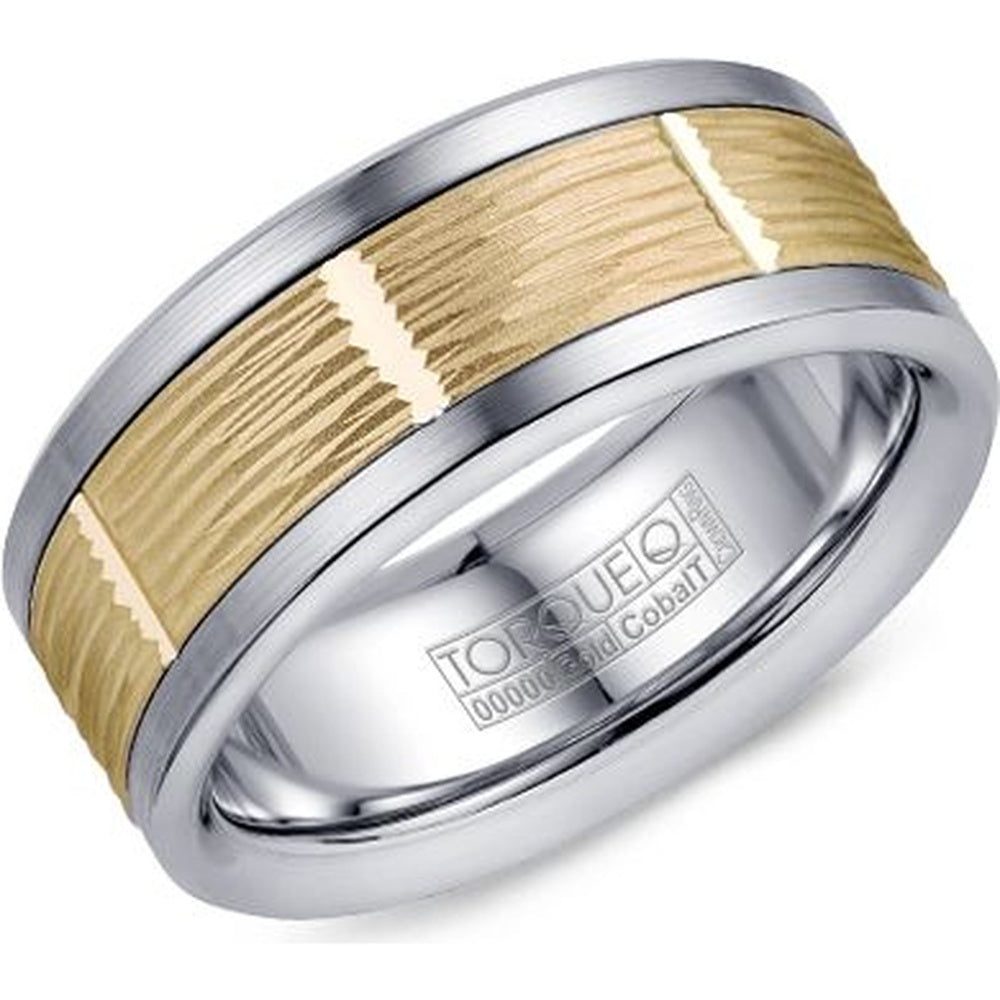 Torque Men's Wedding Band - Two-Tone with 14K Yellow Gold Sandpaper Textured Inlay and White Cobalt Edges - 9mm Width from the Cobalt Collection